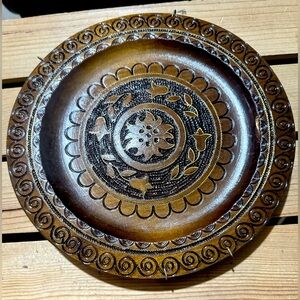 Vintage Morskie Oko Polish wooden plate with brass inlay floral
